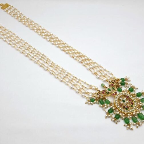 Elegant Pearl Mala with Grand Green Stone Pendant...