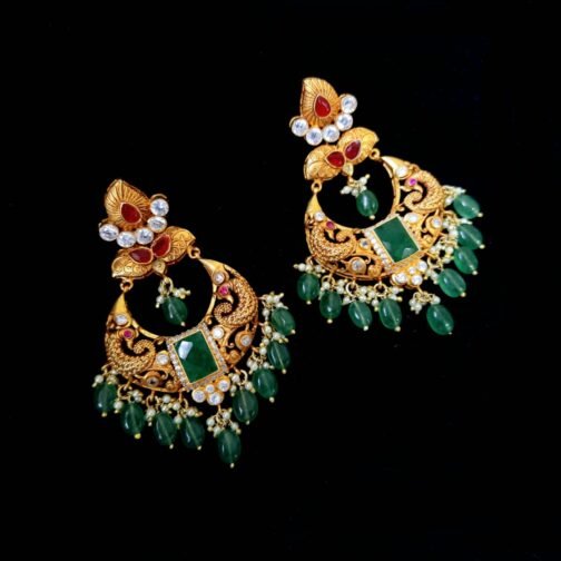 Antique Emerald and Kundan Studded Gold Earrings with...