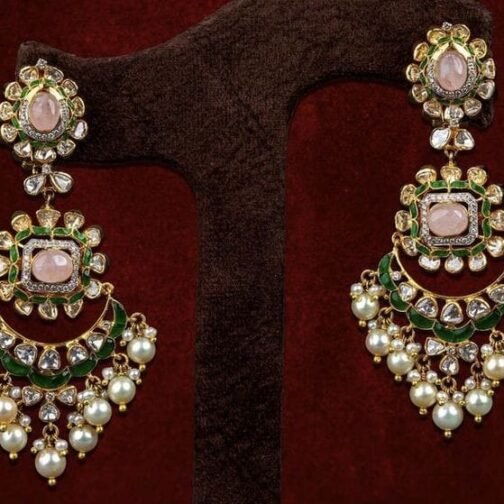 Mystic green and pink polki danglers in gold