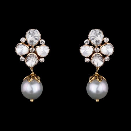 Floral Shape Diamond Danglers with Premium Pearl Hanging