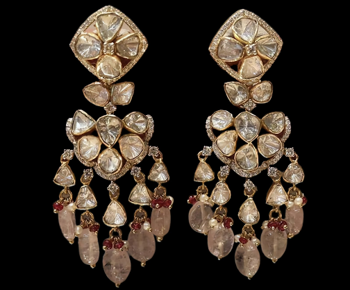 Heavy Kundan Earrings with Elongated Hangings and Golden Stones