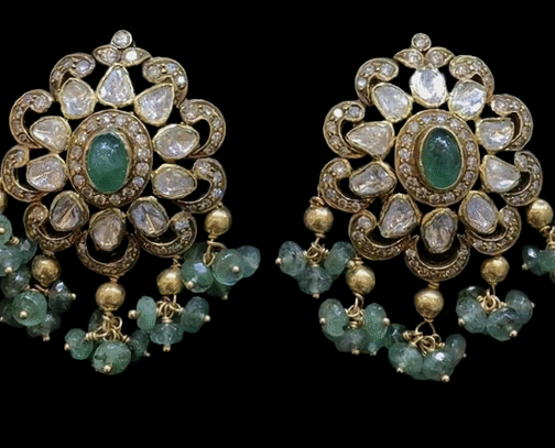 Moissanite and Diamond Danglers in Kundan and Green...