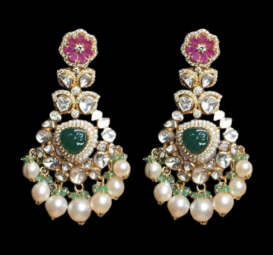 Exclusive Pink Meena Gold Earrings with Enerald centre stone, Moissanite and pearl embellishments