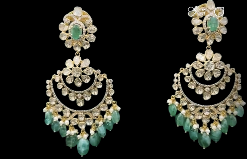 Bridal Chandbali Earrings in Diamond and Emeralds with Floral Details