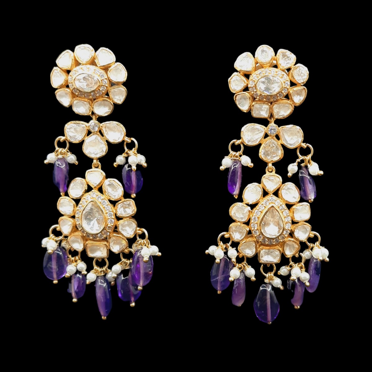 Classic Polki Earrings with Purple Beads