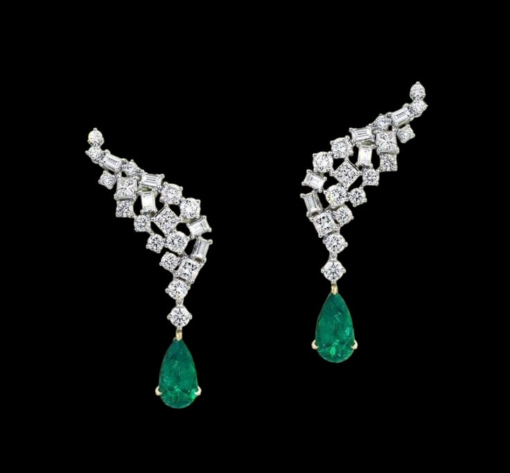 Elegant Diamond Earrings With Emerald Drop